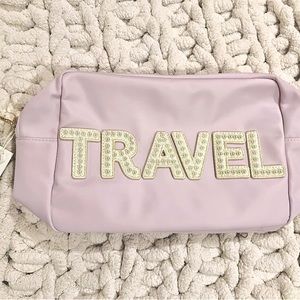 NWT Stoney Clover Lane large lilac patched pouch pearl travel letters